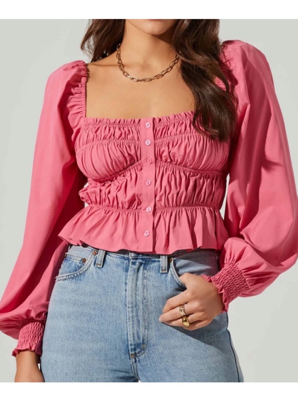 Astr Rose Pink Smocked Square-Neck Button Crop Blouse